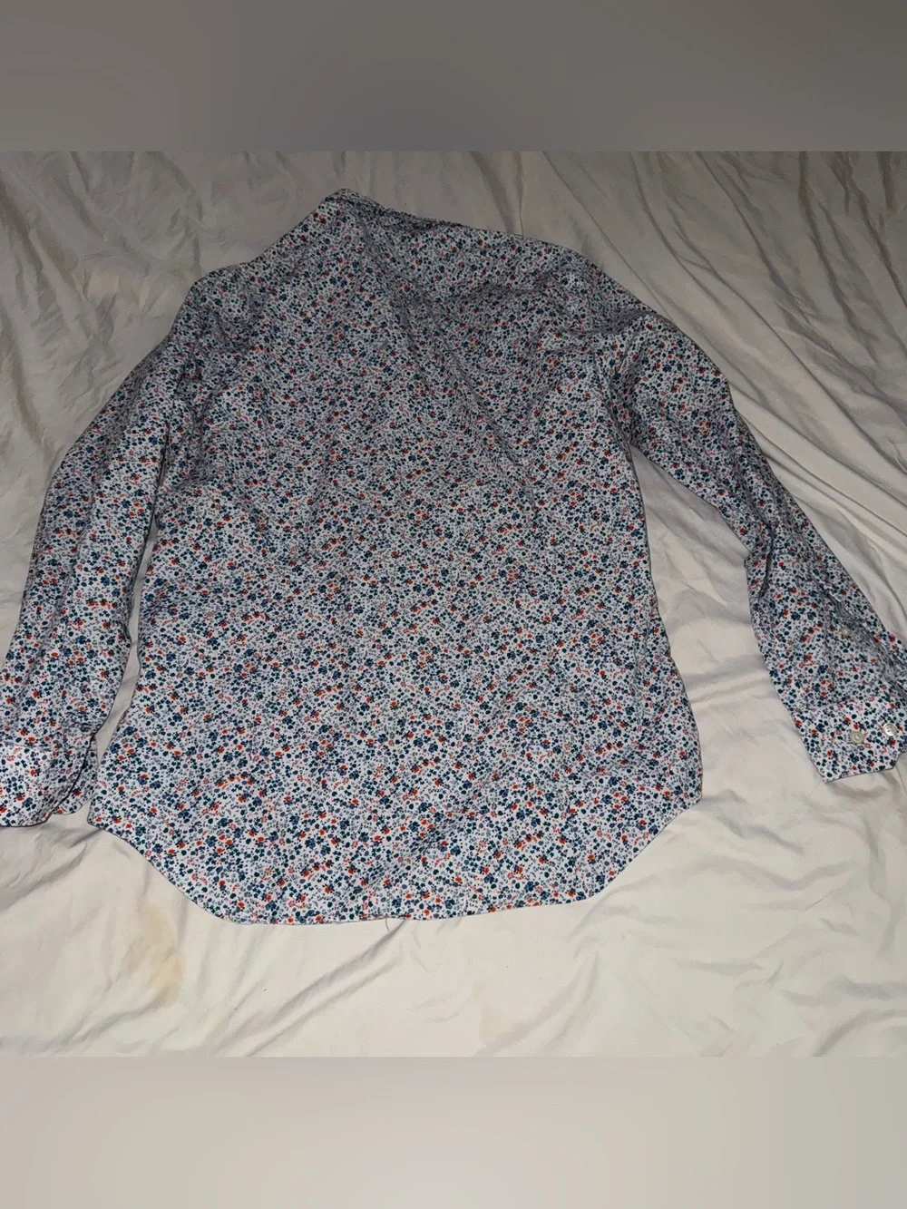 Banana Republic Men's White Floral Button-Up Shirt with Red & Blue Accents